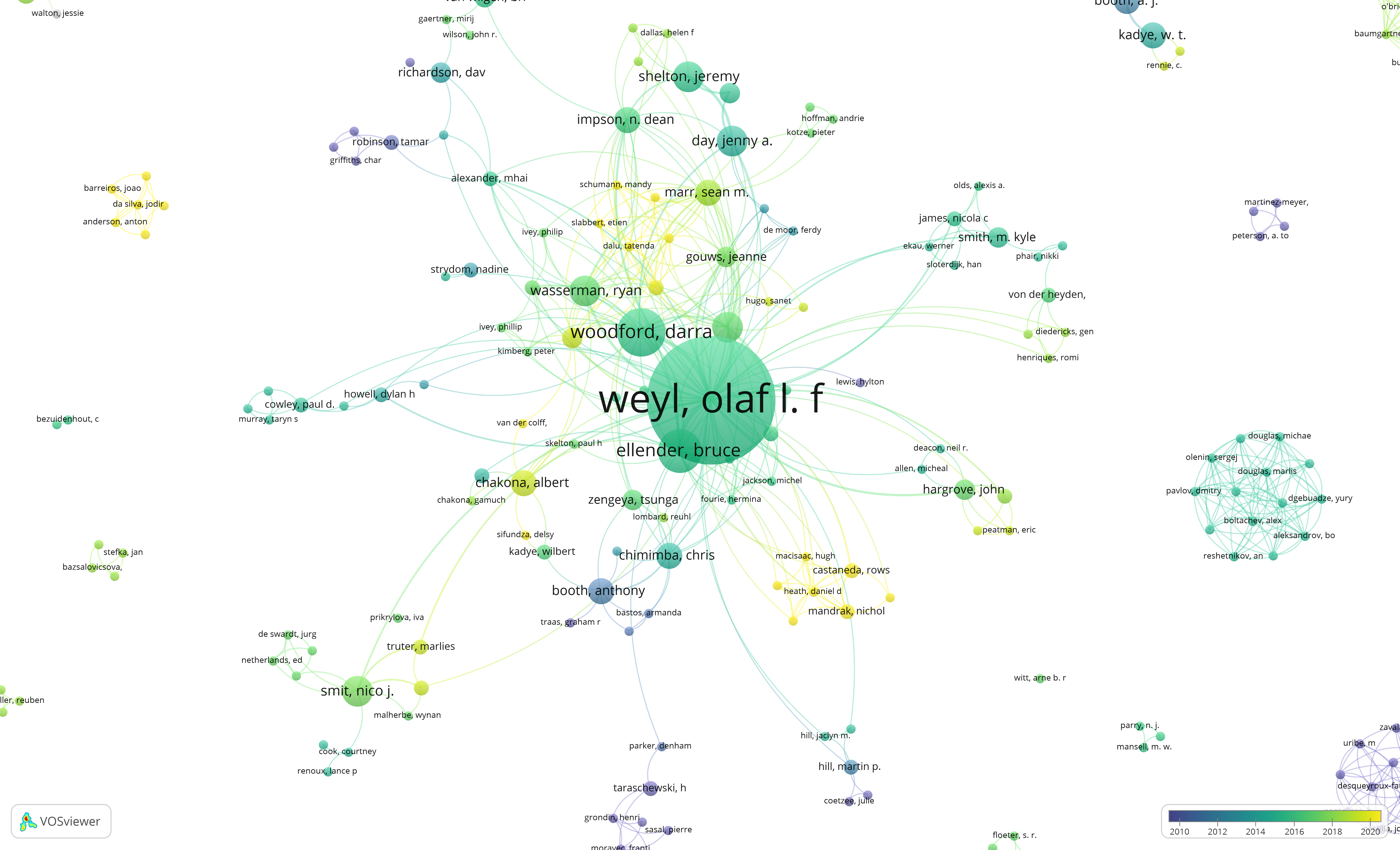 An author network for the Web of Science search for “Invasive fish” AND “South Africa”. In this author network you will see my friend and colleague, the late Prof. Olaf Weyl, who is at the centre of a large group of people who worked on invasive fish in South Africa. Olaf’s wasn’t the only research group, but certainly the most influential and joined up. Olaf’s collaborations were extensive, spanning continents and generations of researchers. Drawn with VOSviewer (van Eck & Waltman, 2010).
